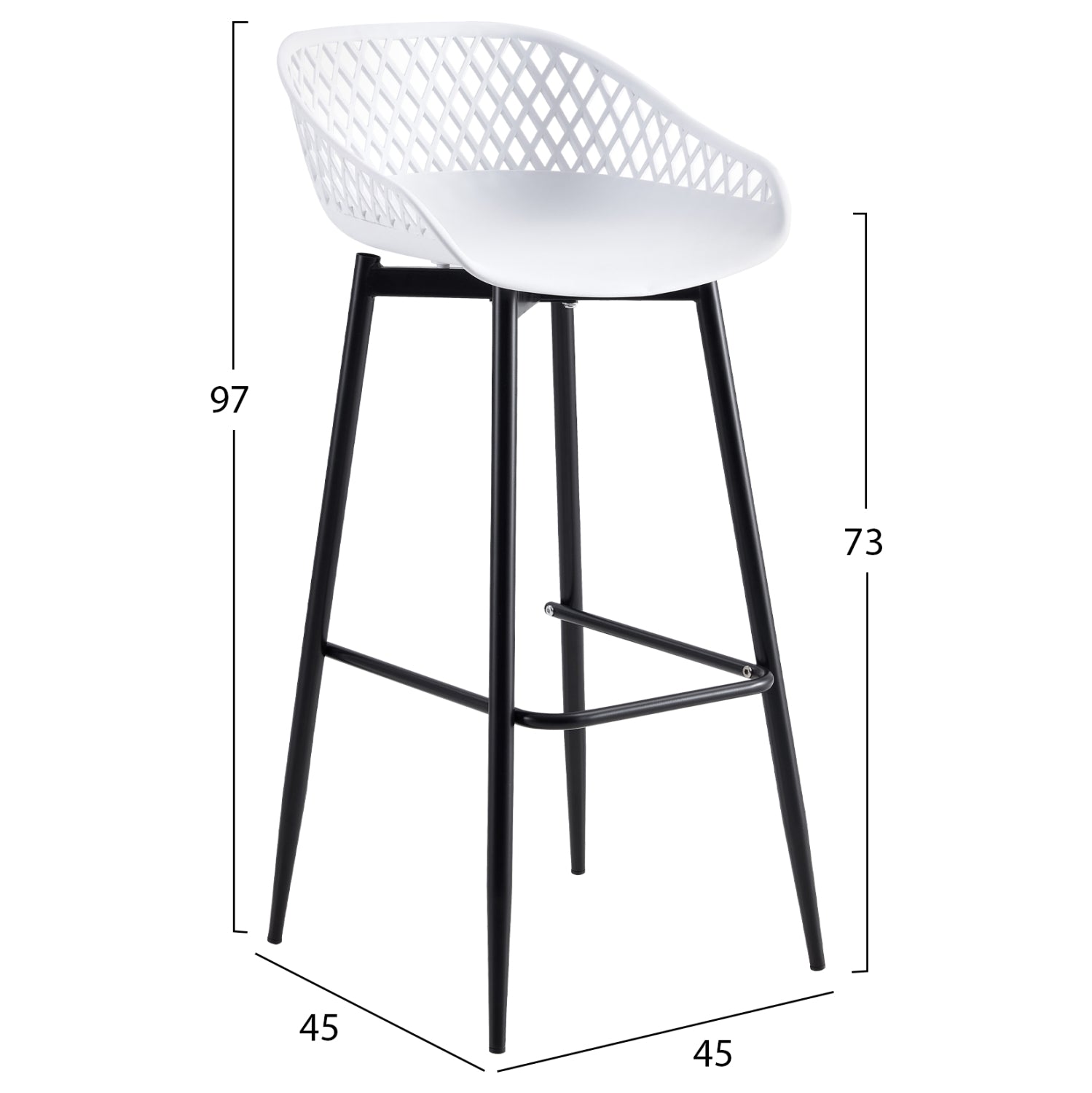 BAR STOOL HM8686.11 WHITE POLYPROPYLENE AND BLACK METAL LEGS 45x45x97Hcm.