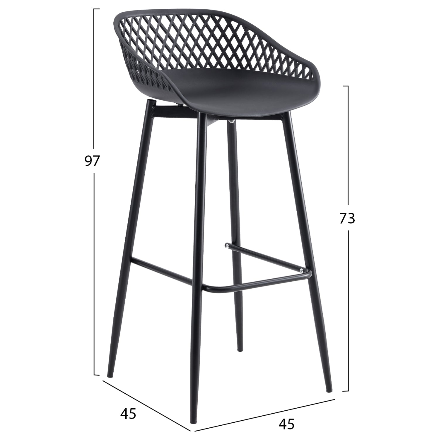 BAR STOOL AVAYA HM8686.12 BLACK POLYPROPYLENE AND BLACK METAL LEGS 45x45x97Hcm.