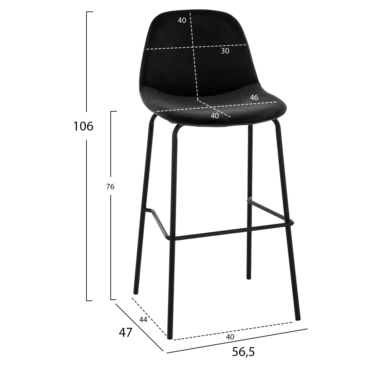 STOOL VINCENT HM8579.14, VELVET BLACK, METAL FRAME 56,5x47x106 cm.