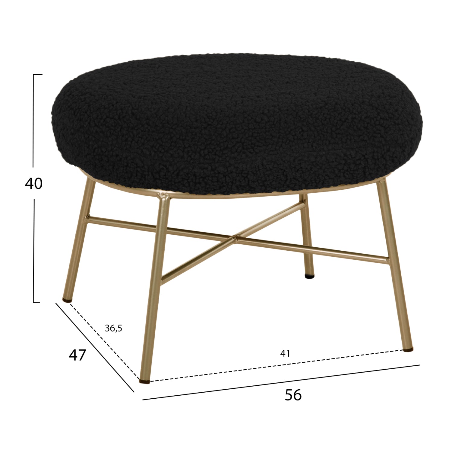 STOOL FOOTREST TRUDI HM8640.24 BLACK BOUCLE FABRIC AND GOLD METAL BASE 56x47x40Hcm.