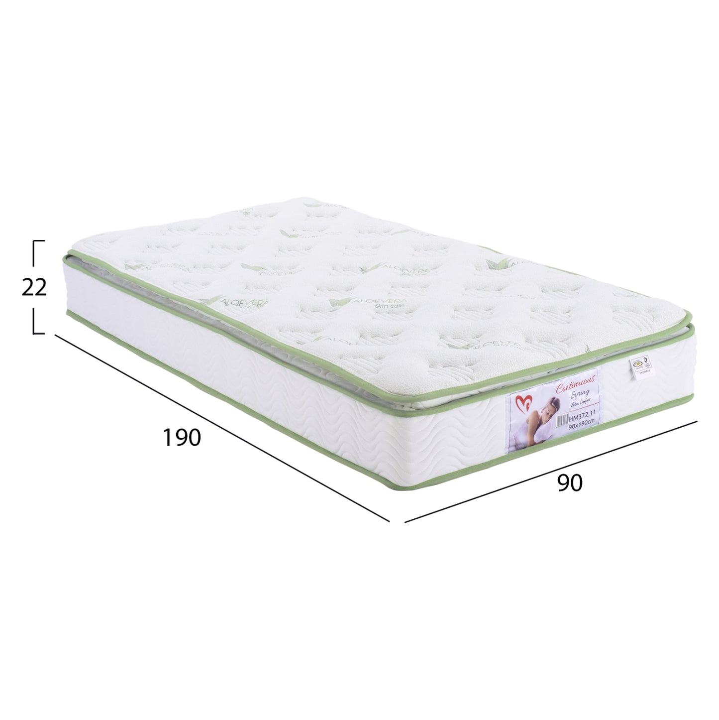 MATTRESS CONTINUOUS SPRING WITH MATTRESS PAD ALOE VERA 90X190 HM372.11 SINGLE SIDE
