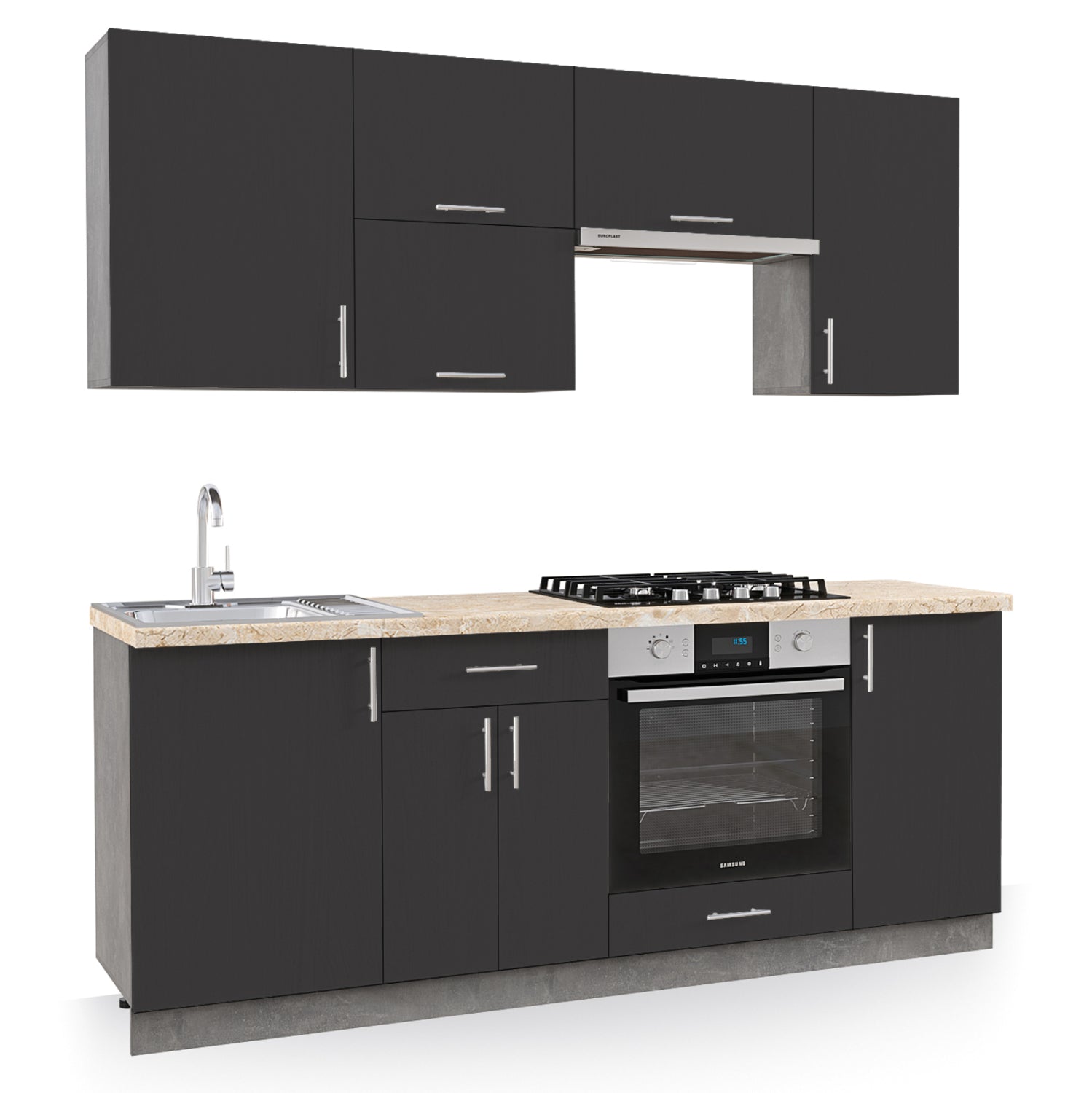 KITCHEN COMBO MELAMINE ANTHRACITE AND BEIGE MARBLE LOOK TOP 200x47x84,8Hcm.HM2470.01