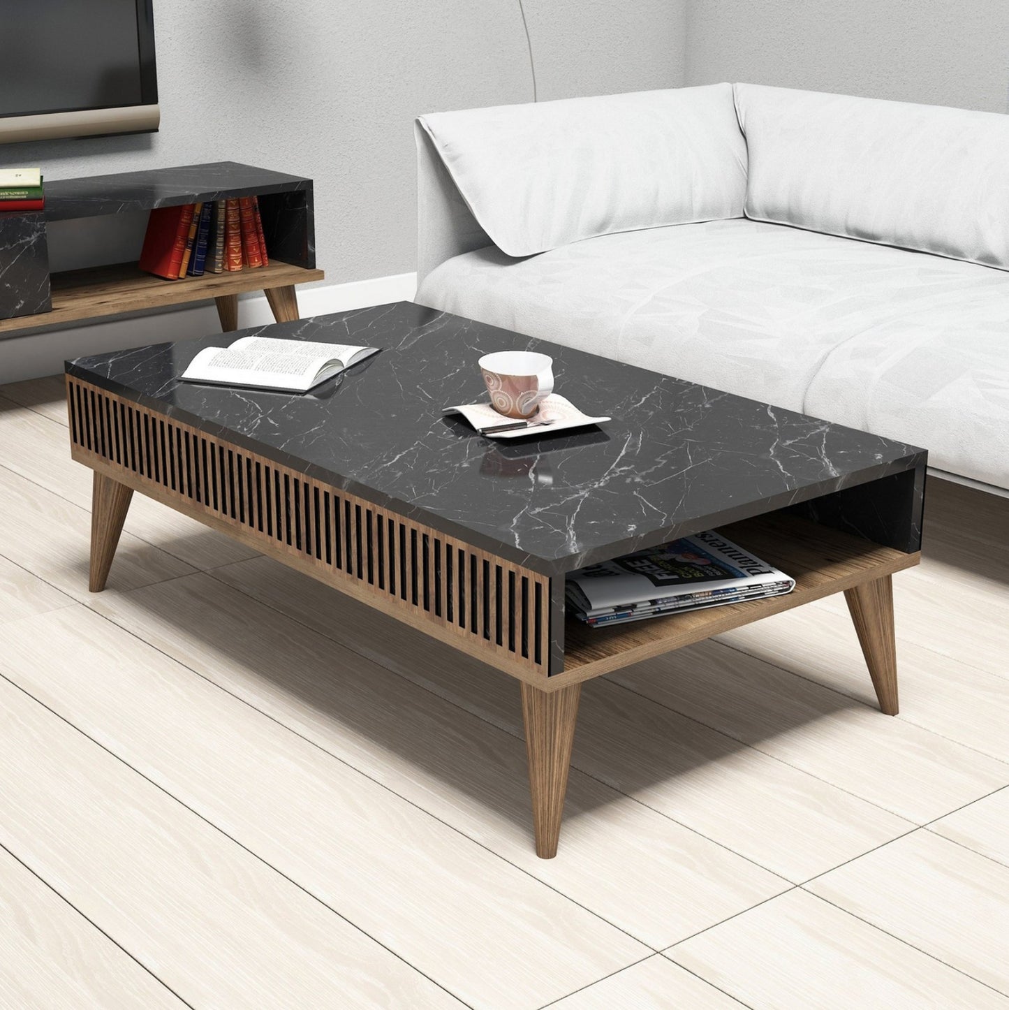 LIVING ROOM COMPOSITION HM11845.02 3PCS WALNUT-BLACK MARBLE LOOK