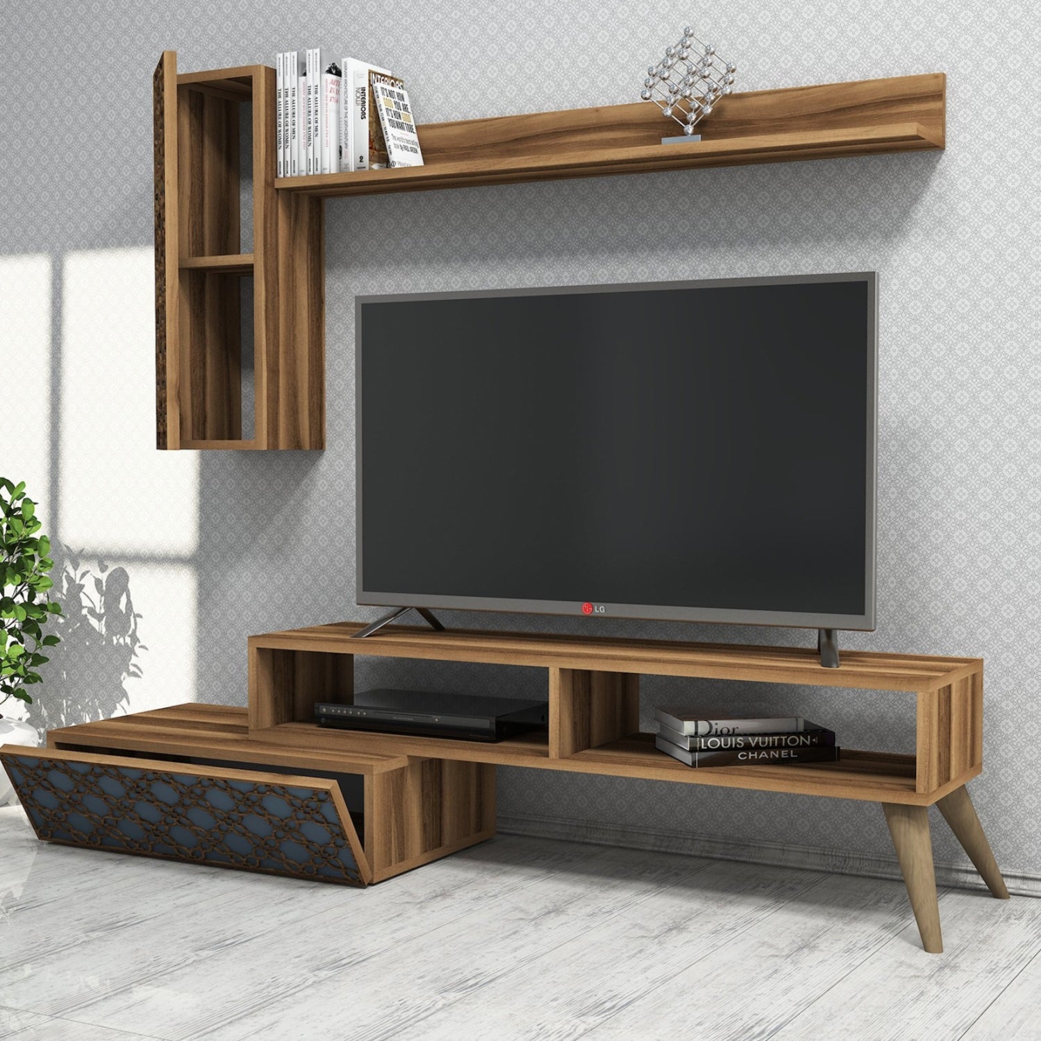 TV FURNITURE SET HM9518.01 MELAMINE IN WALNUT AND SKY BLUE 150x37.2x37.8Hcm.