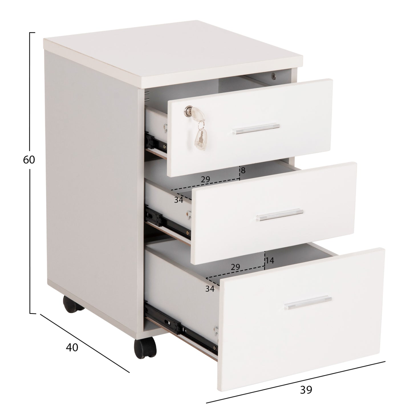OFFICE DRAWERS WITH KEY LOCK VANCE HM2159 WHITE MELAMINE--WHEELS 39x40x60Hcm.