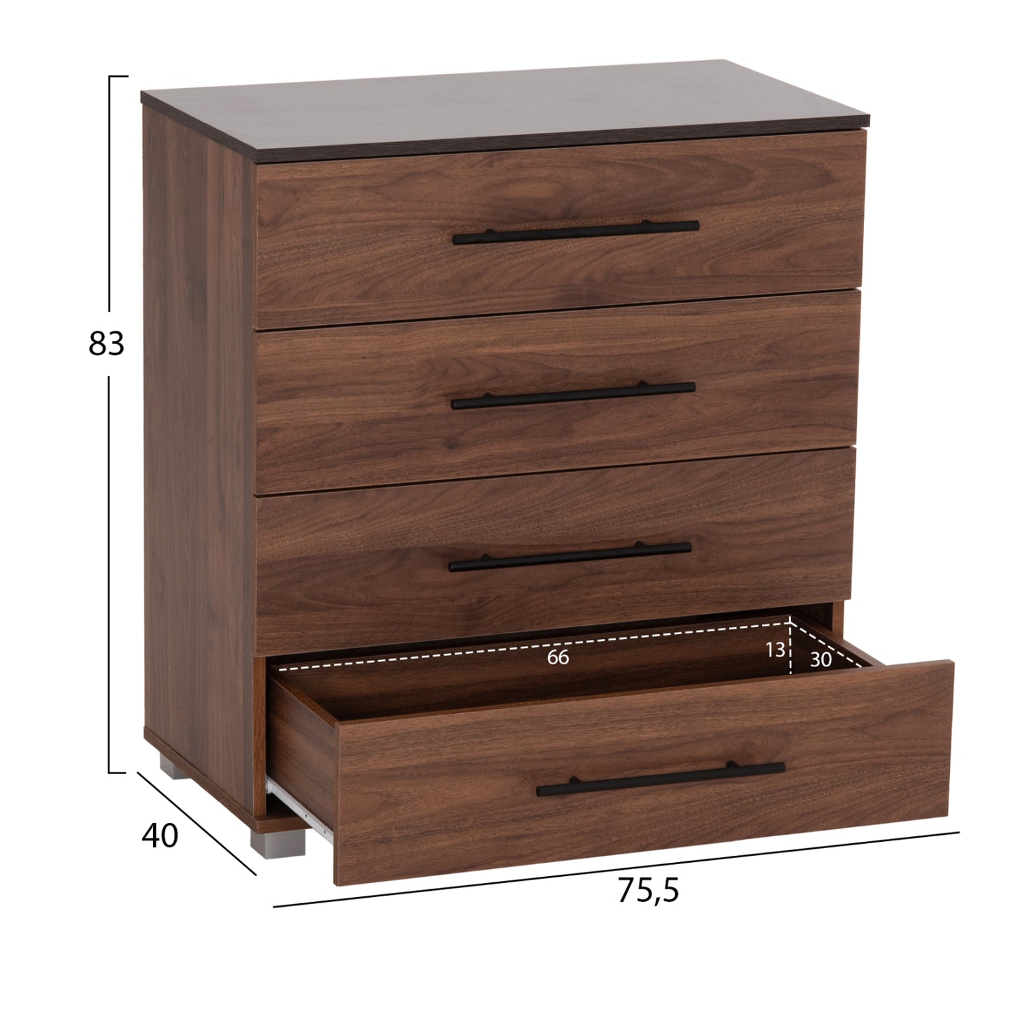 CHEST OF (4) DRAWERS CARYS HM745.11 MELAMINE IN WALNUT/WENGE 75.5x40x83Hcm.