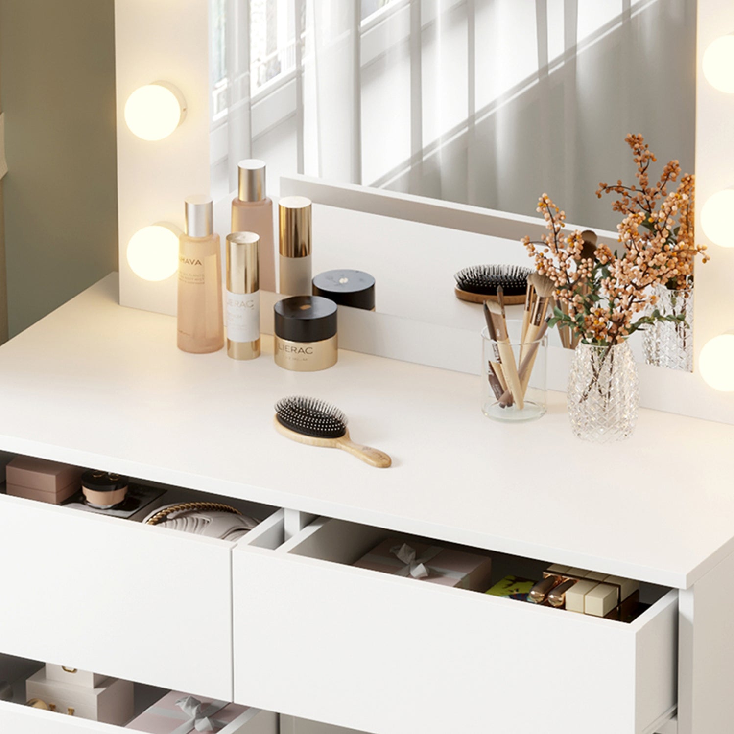 DRESSING TABLE WITH LED LIGHTS & DRAWERS BEYON HM2500.03 MELAMINE IN WHITE 80x40x140Hcm.
