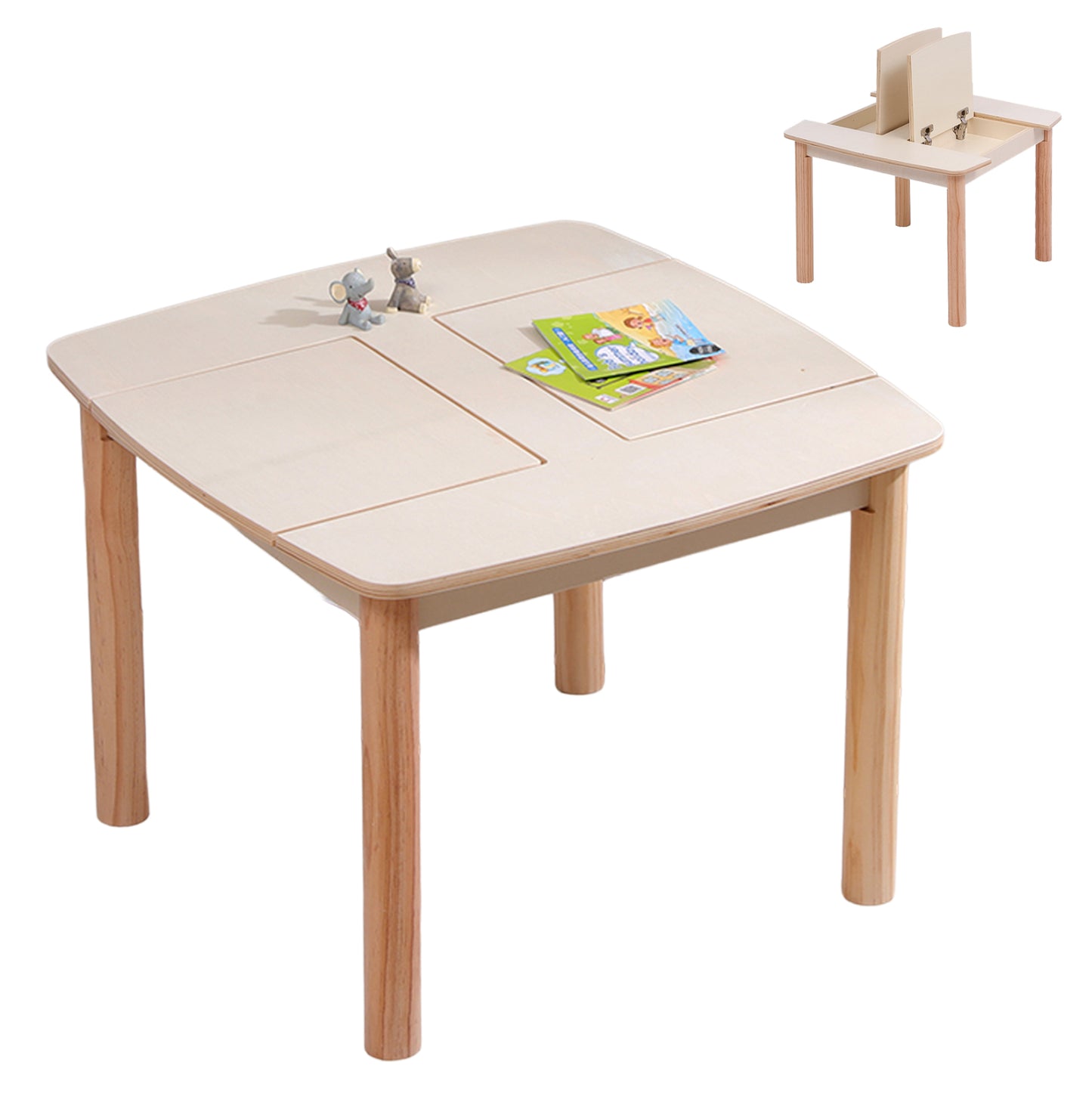 KIDS' TABLE WITH STORAGE SPACE RICKI HM18339.01 MDF & BIRCH WOOD IN NATURAL 65x65x47Hcm.