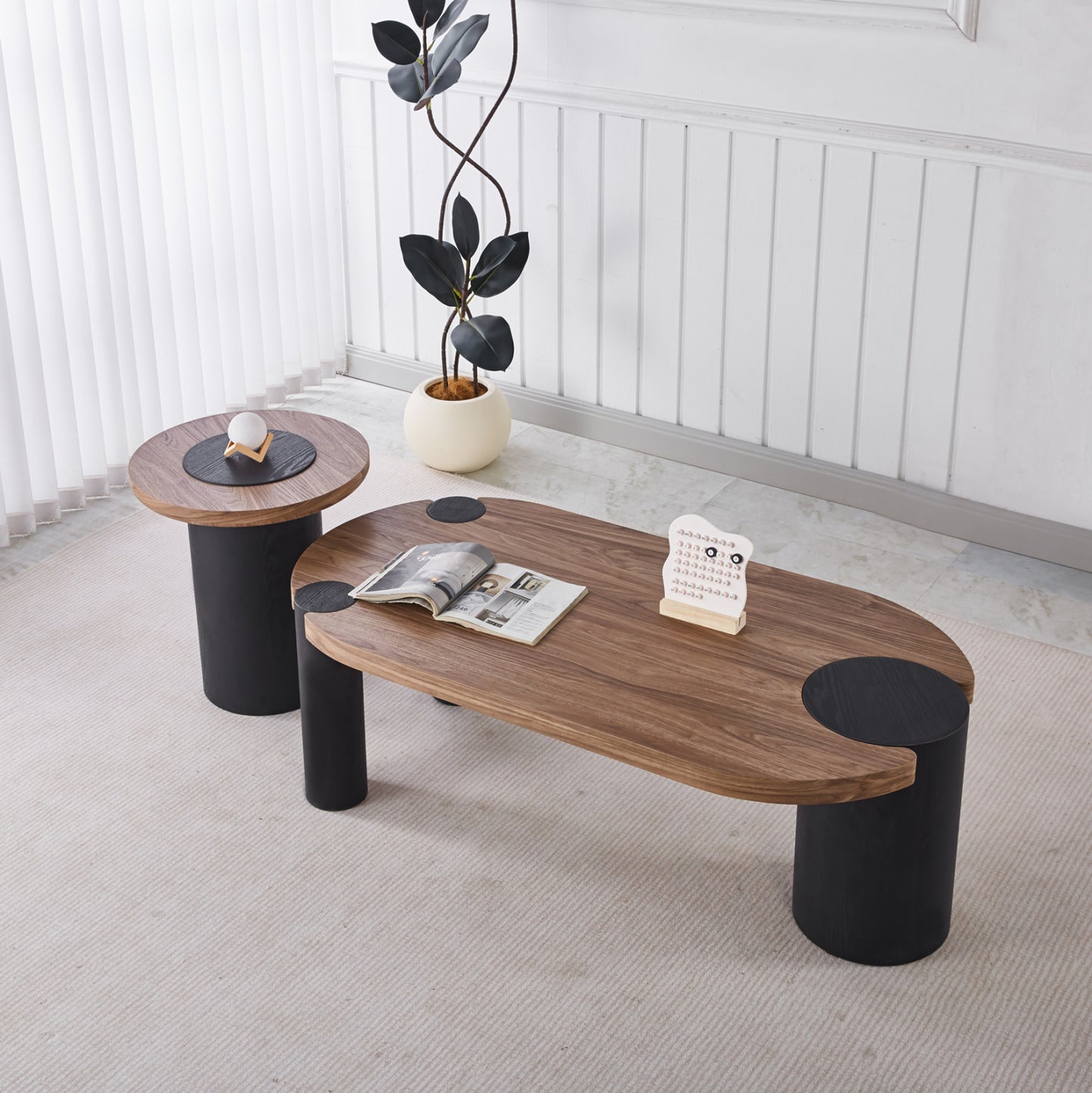 SIDE TABLE ROUND OVALON ΗΜ18434.05 MDF TOP IN WALNUT--MDF LEGS IN BLACK Φ45x50Hcm.