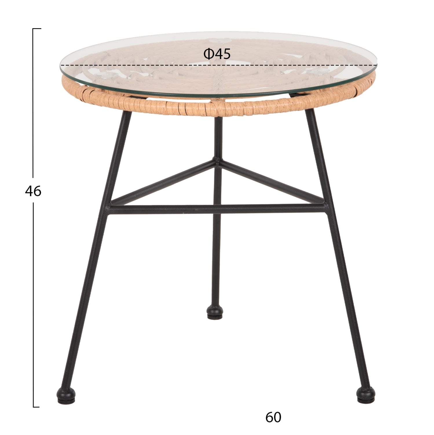 SIDE TABLE ROUND BLACK METAL ALLEGRA HM5459.11 BEIGE WICKER-GLASS Φ45x46Hcm.