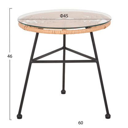 SIDE TABLE ROUND BLACK METAL ALLEGRA HM5459.11 BEIGE WICKER-GLASS Φ45x46Hcm.