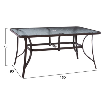 TABLE 150X90Χ75cm. METALLIC RECTANGULAR IN BROWN WITH UMBRELLA HOLE D38cm HM5145.12