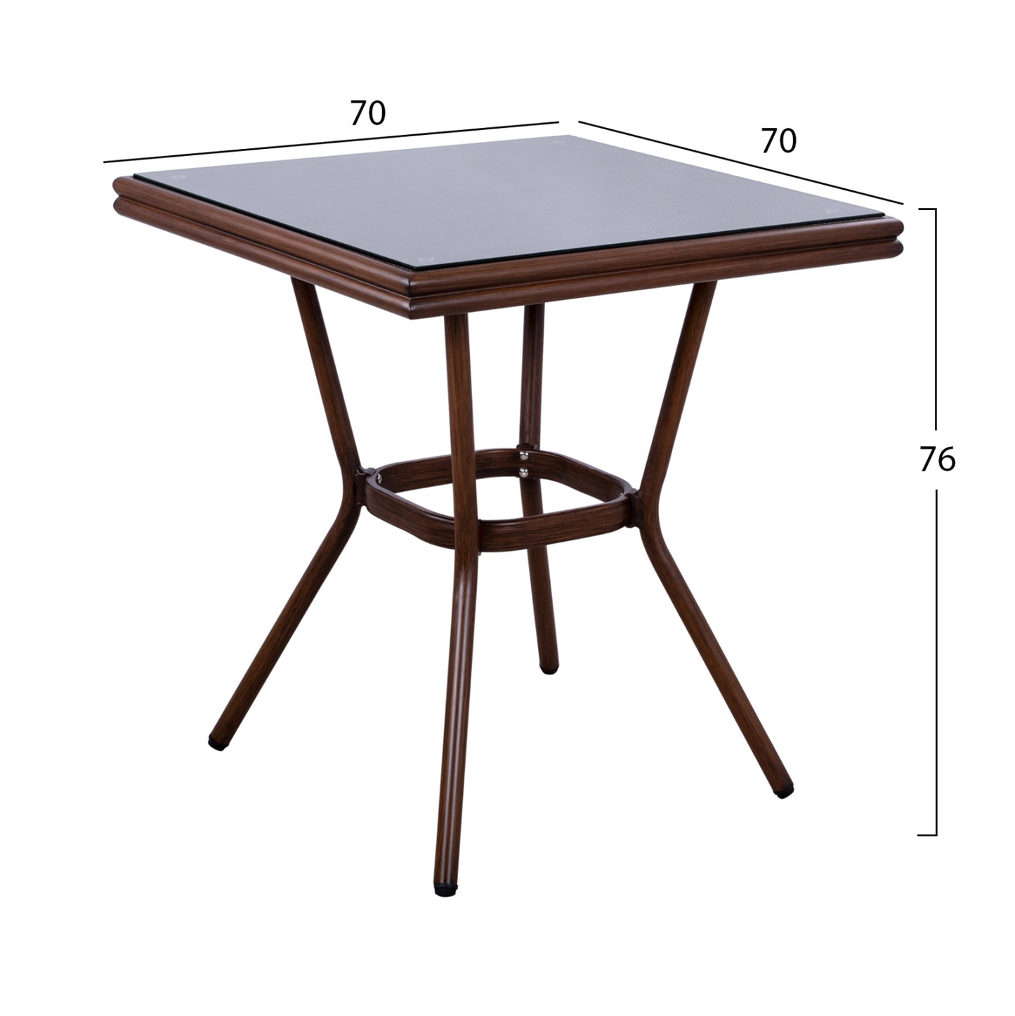Aluminum Table 70X70X76H Bamboo Look HM5568.03 Brown with Glass