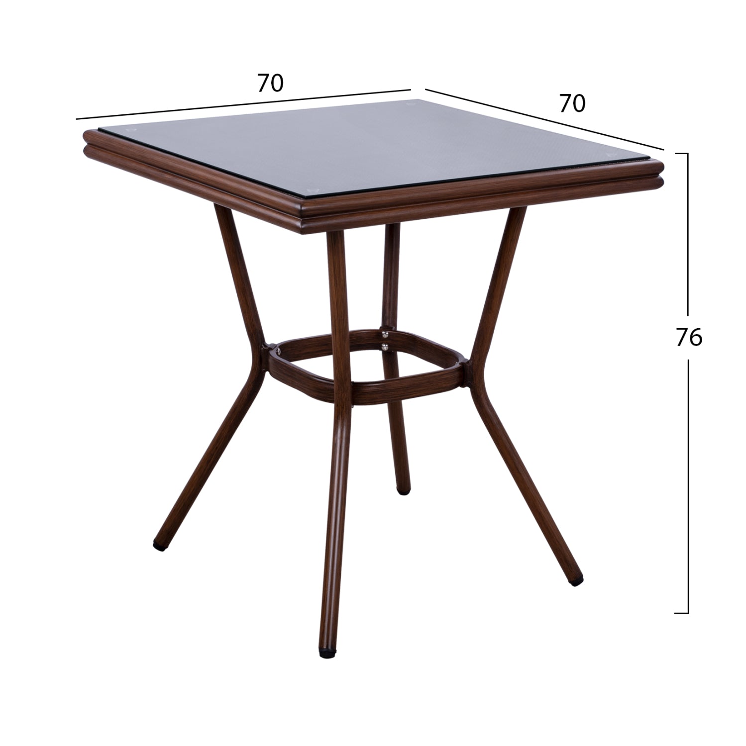 Aluminum Table 70X70X76H Bamboo Look HM5568.03 Brown with Glass