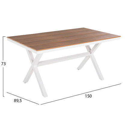 ALUMINUM RECTANGULAR TABLE TAWNEE HM6037.02 WHITE COLOR-POLYWOOD IN NATURAL WOOD 150x89,5x73Hcm