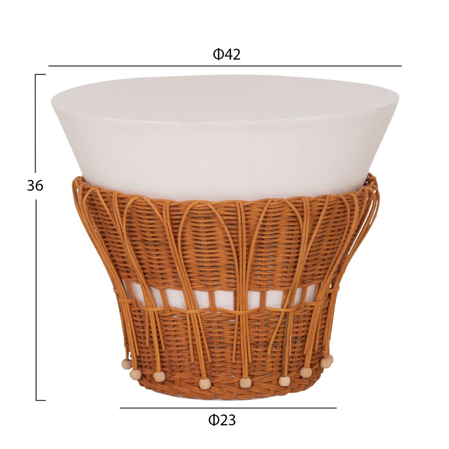 SIDE TABLE ROUND PERRAL HM18164.02S FIBER CEMENT IN WHITE-NATURAL RATTAN--Φ42x36Hcm.