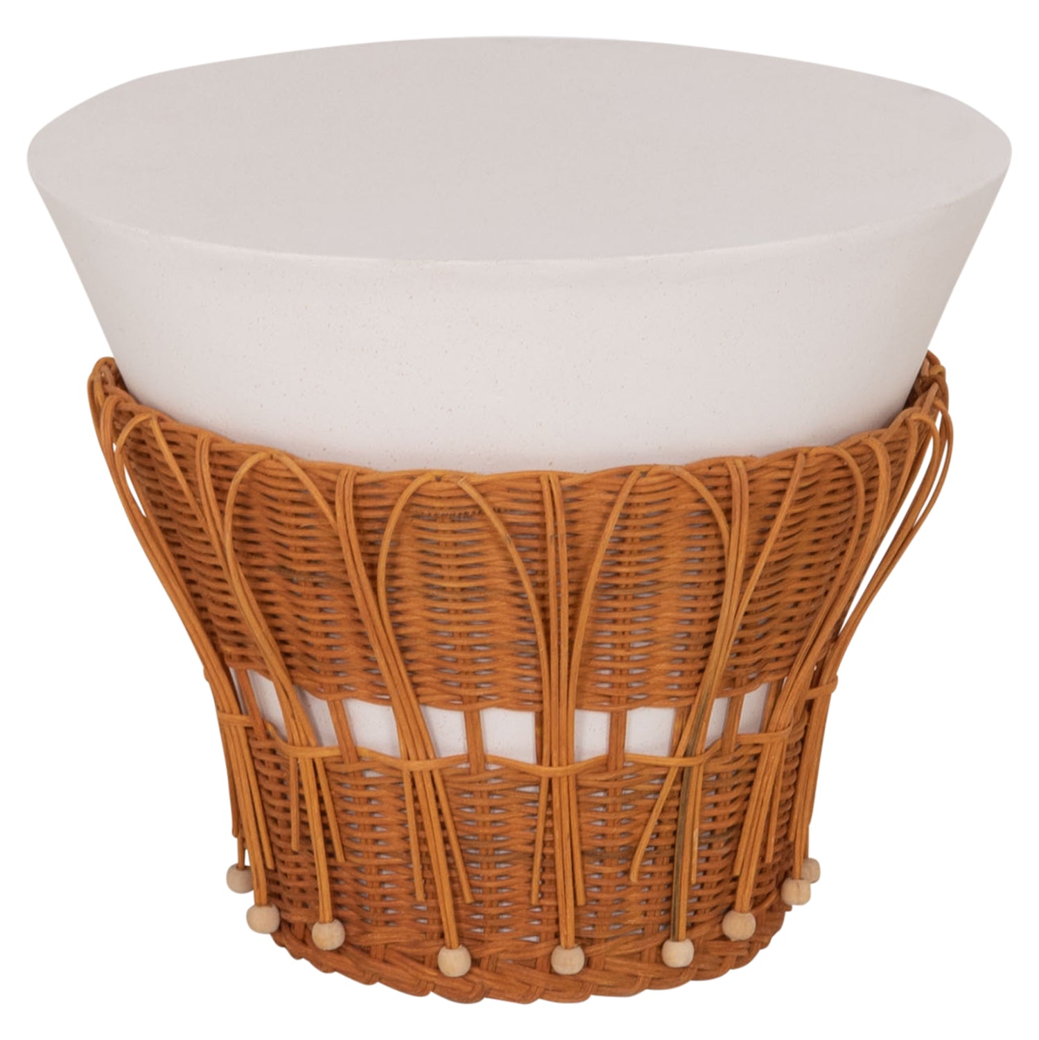SIDE TABLE ROUND PERRAL HM18164.02S FIBER CEMENT IN WHITE-NATURAL RATTAN--Φ42x36Hcm.