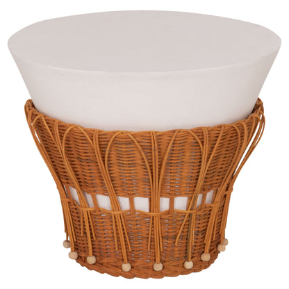 SIDE TABLE ROUND PERRAL HM18164.02S FIBER CEMENT IN WHITE-NATURAL RATTAN--Φ42x36Hcm.