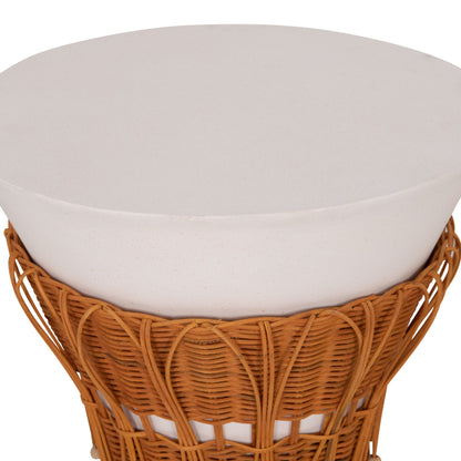 SIDE TABLE ROUND PERRAL HM18164.02S FIBER CEMENT IN WHITE-NATURAL RATTAN--Φ42x36Hcm.