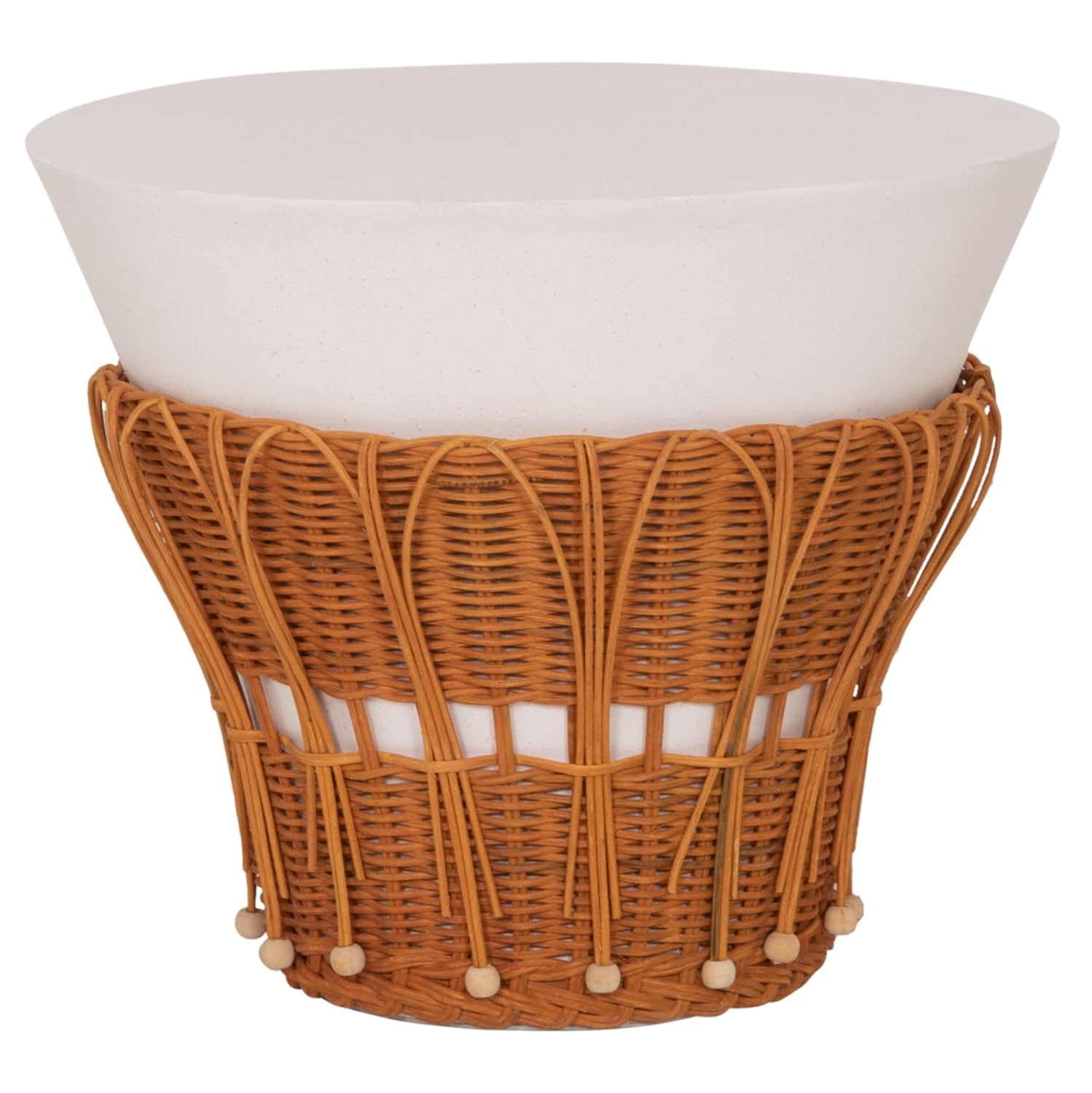 SIDE TABLE ROUND PERRAL HM18164.02S FIBER CEMENT IN WHITE-NATURAL RATTAN--Φ42x36Hcm.
