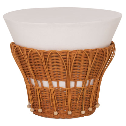 SIDE TABLE ROUND PERRAL HM18164.02S FIBER CEMENT IN WHITE-NATURAL RATTAN--Φ42x36Hcm.