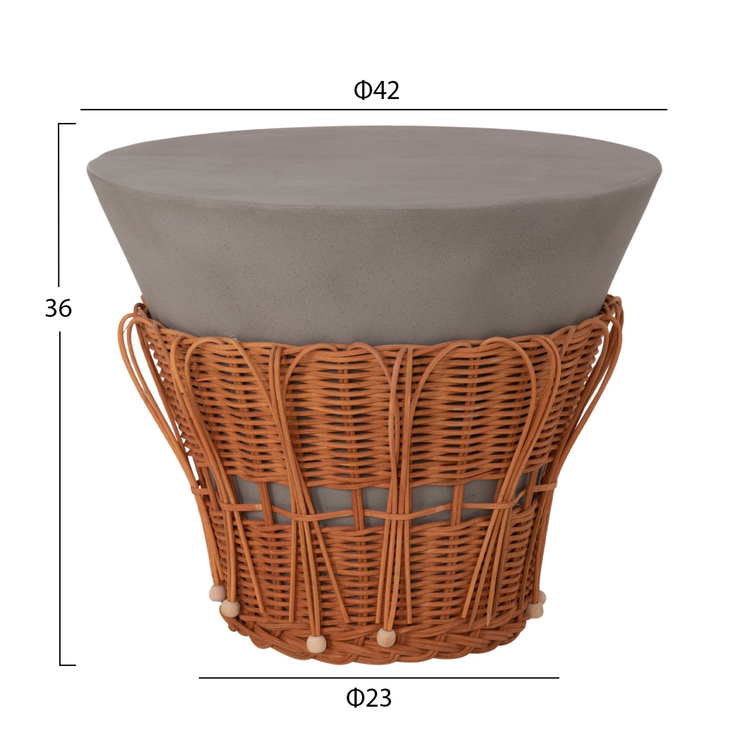 SIDE TABLE ROUND PERRAL HM18164.03S FIBER CEMENT IN GREY--NATURAL RATTAN--Φ42x36Hcm.