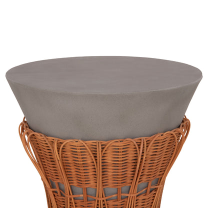 SIDE TABLE ROUND PERRAL HM18164.03S FIBER CEMENT IN GREY--NATURAL RATTAN--Φ42x36Hcm.