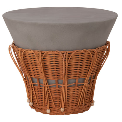 SIDE TABLE ROUND PERRAL HM18164.03S FIBER CEMENT IN GREY--NATURAL RATTAN--Φ42x36Hcm.