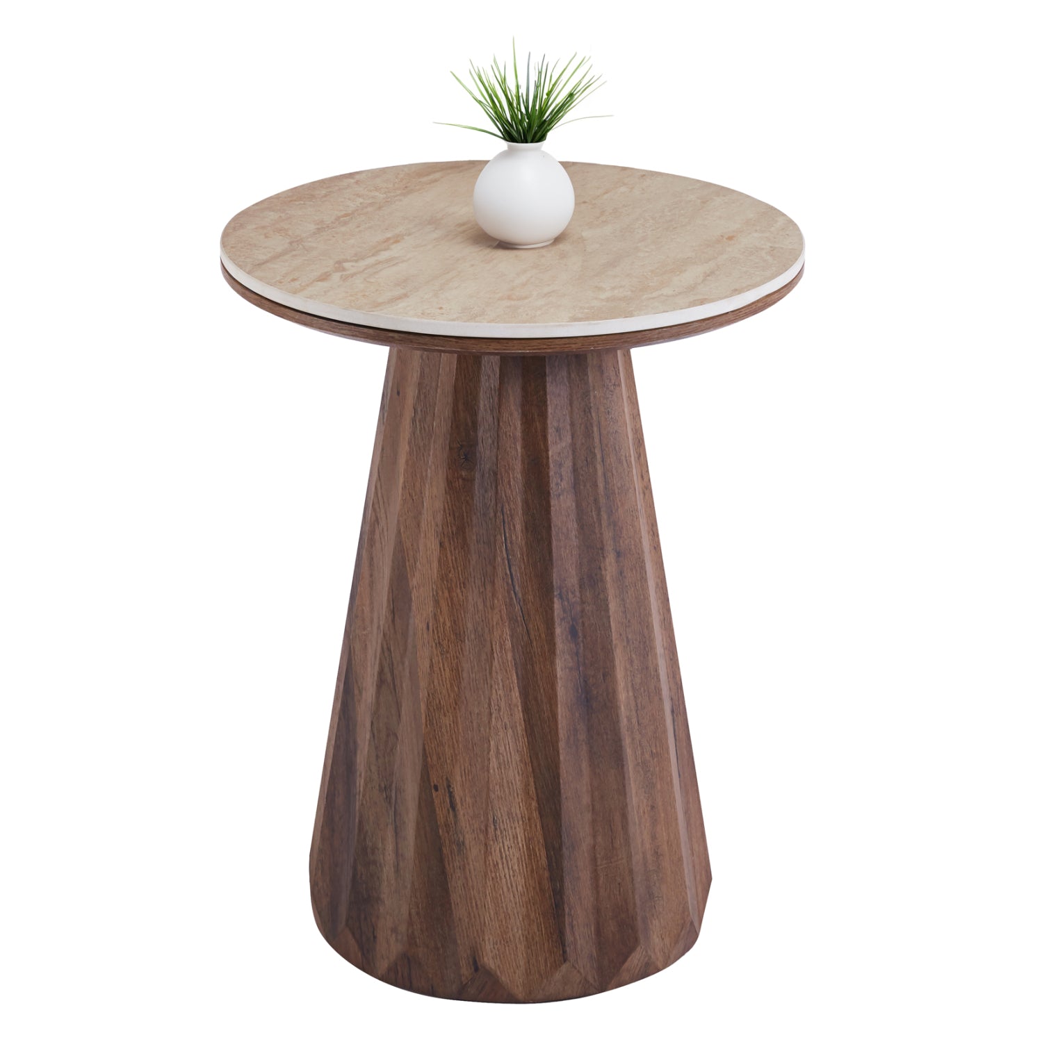 SIDE TABLE WALDEN HM18438 CERAMIC TOP WITH TRAVERTINE STONE LOOK--MDF BASE WALNUT Φ45x56H