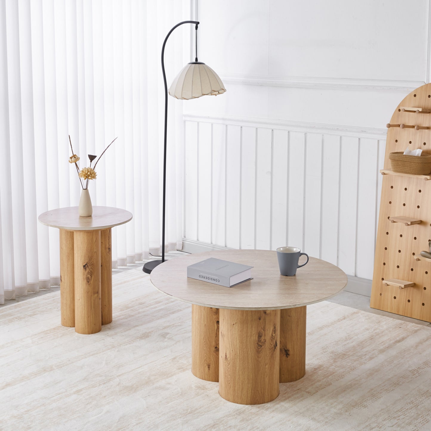 SIDE TABLE SILVA HM18444 CERAMIC TOP WITH TRAVERTINE STONE LOOK--MDF BASE NATURAL Φ45x55H