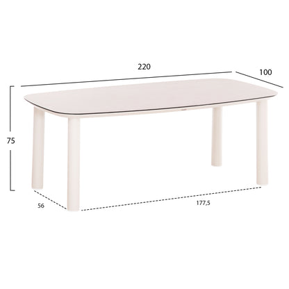 OUTDOOR DINING TABLE DOSUN HM6202.02 CREAM WHITE ALUMINUM-3D PRINT GLASS TOP IN CERAMIC LOOK 220x100x75H