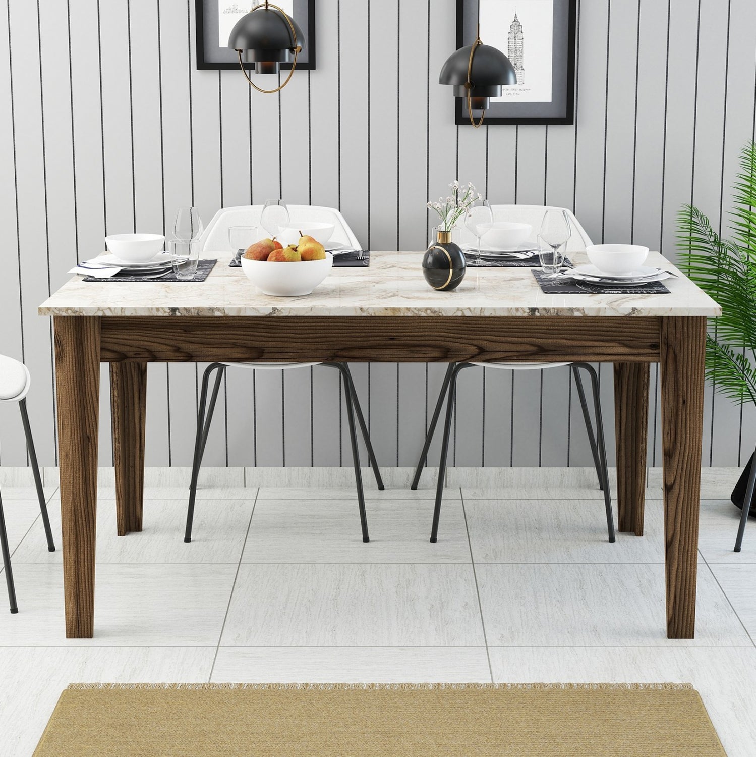 DINING TABLE STANDARD HM9507.03 MELAMINE WALNUT-WHITE MARBLE-LOOK WITH STORAGE SPACE 145x88x75Hcm.