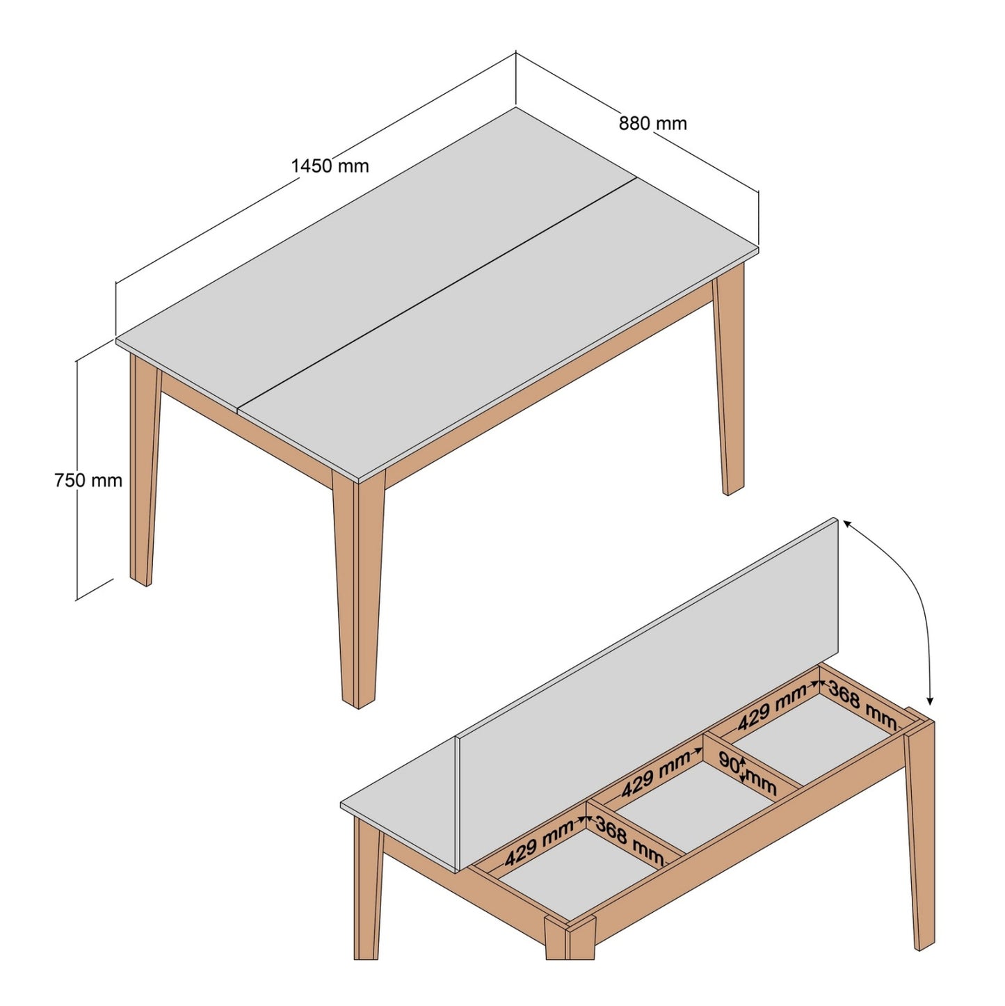 DINING TABLE STANDARD HM9507.05 MELAMINE WALNUT-BLACK MARBLE-LOOK WITH STORAGE SPACE 145x88x75Hcm.