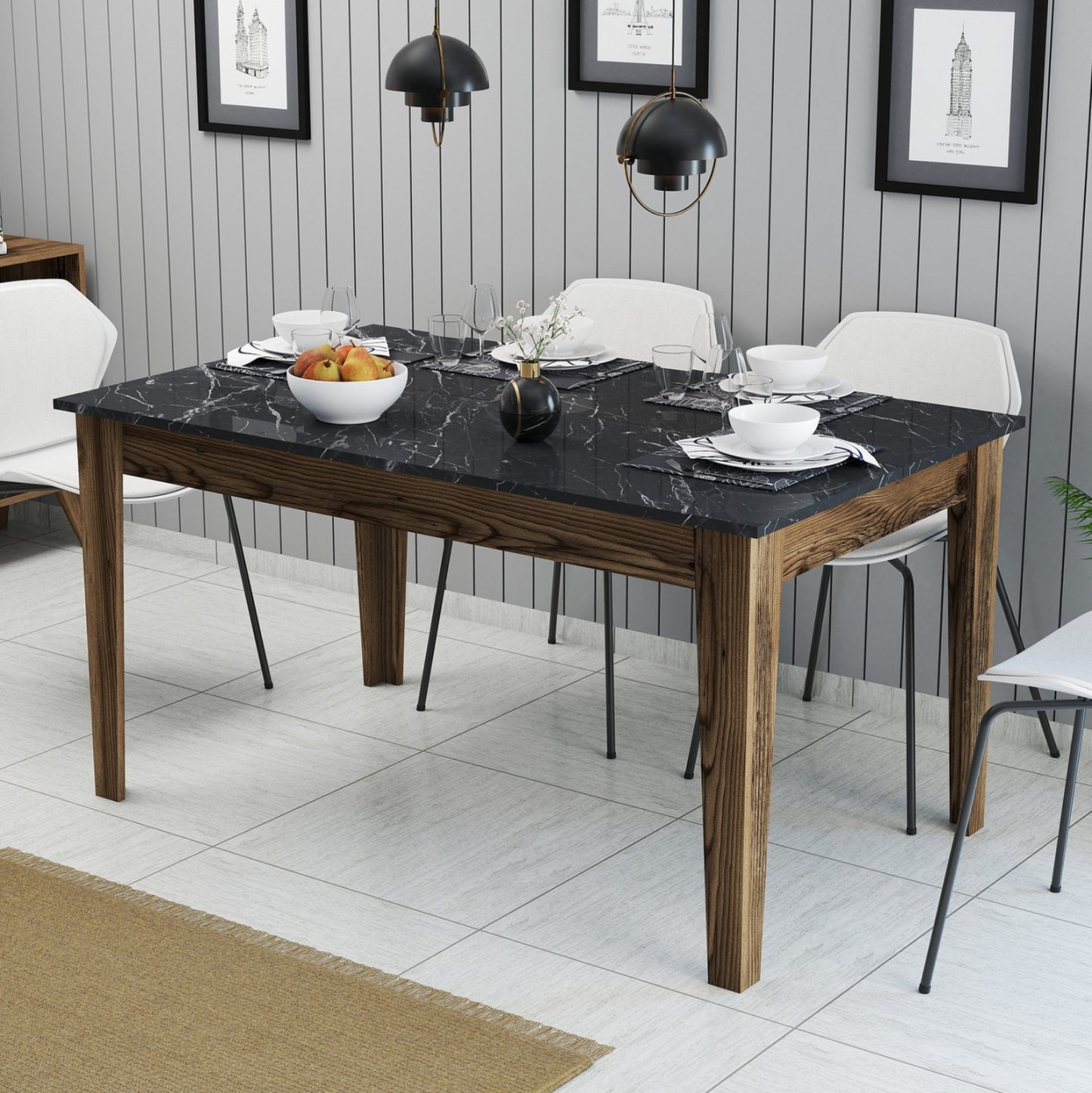 DINING TABLE STANDARD HM9507.05 MELAMINE WALNUT-BLACK MARBLE-LOOK WITH STORAGE SPACE 145x88x75Hcm.