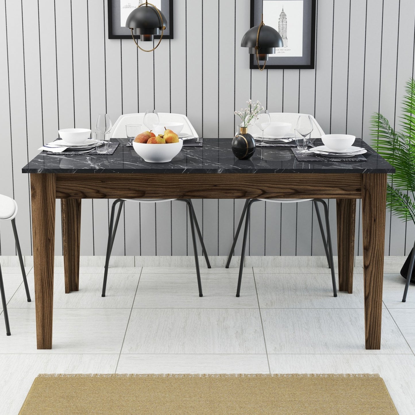 DINING TABLE STANDARD HM9507.05 MELAMINE WALNUT-BLACK MARBLE-LOOK WITH STORAGE SPACE 145x88x75Hcm.