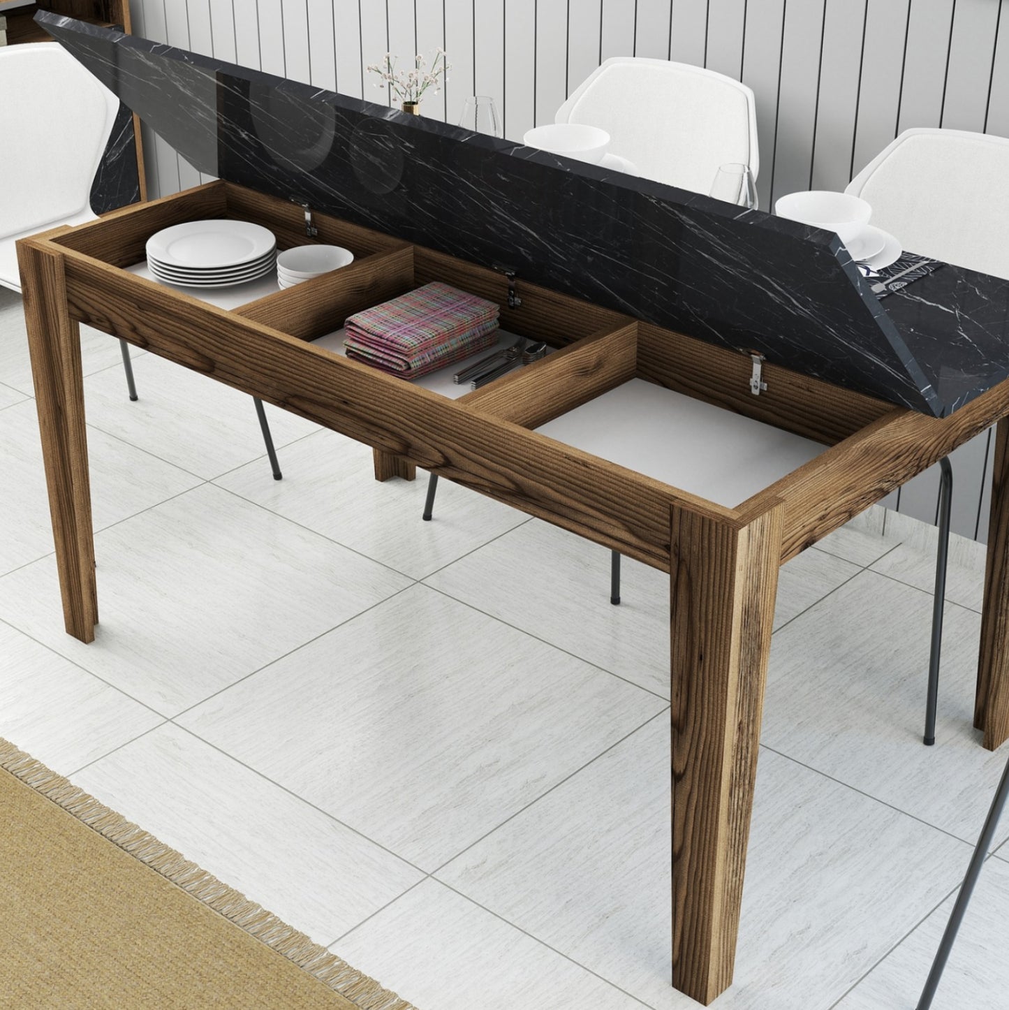DINING TABLE STANDARD HM9507.05 MELAMINE WALNUT-BLACK MARBLE-LOOK WITH STORAGE SPACE 145x88x75Hcm.
