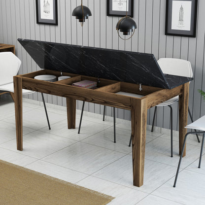 DINING TABLE STANDARD HM9507.05 MELAMINE WALNUT-BLACK MARBLE-LOOK WITH STORAGE SPACE 145x88x75Hcm.