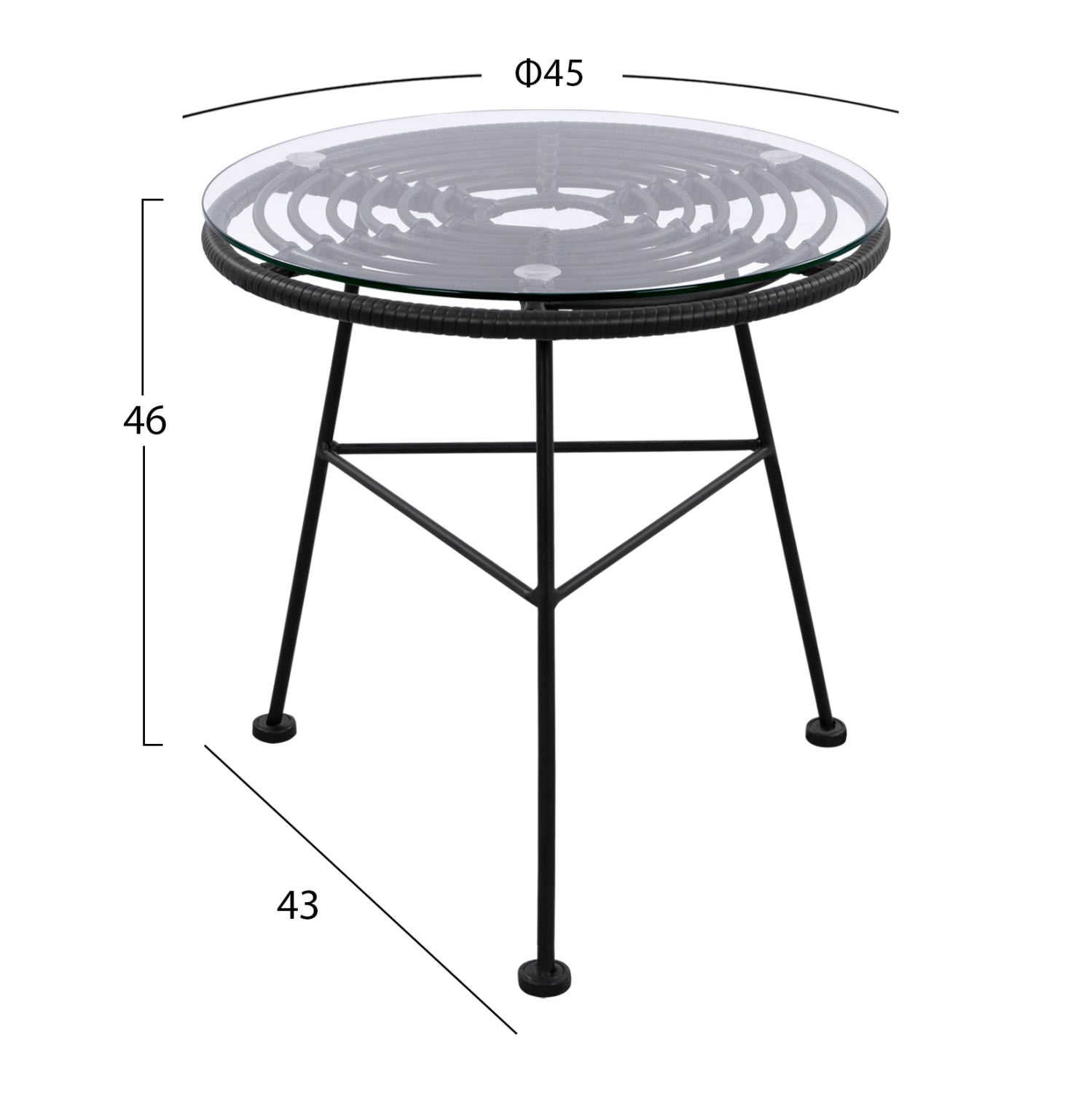 Metallic table Allegra with Wicker in Black color and glass HM5459.02 ''45x46cm