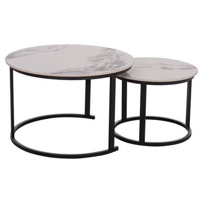 COFFEE TABLES 2PCS SET TALOS HM18140.03 WHITE MARBLE WITH BROWN "WATERS" LOOK CERAMIC TOP Φ70x45.5Hcm.