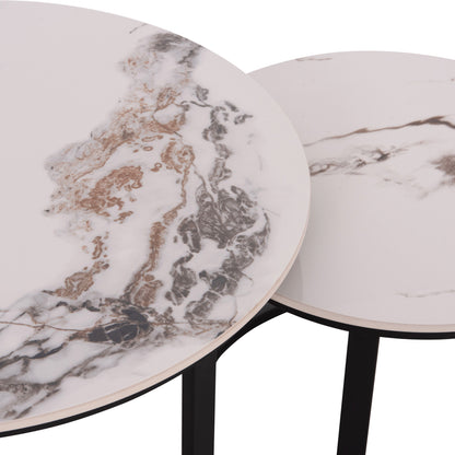 COFFEE TABLES 2PCS SET TALOS HM18140.03 WHITE MARBLE WITH BROWN "WATERS" LOOK CERAMIC TOP Φ70x45.5Hcm.