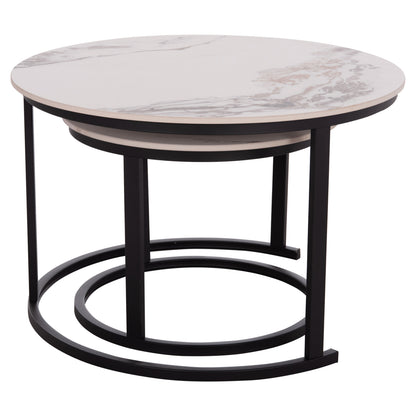 COFFEE TABLES 2PCS SET TALOS HM18140.03 WHITE MARBLE WITH BROWN "WATERS" LOOK CERAMIC TOP Φ70x45.5Hcm.