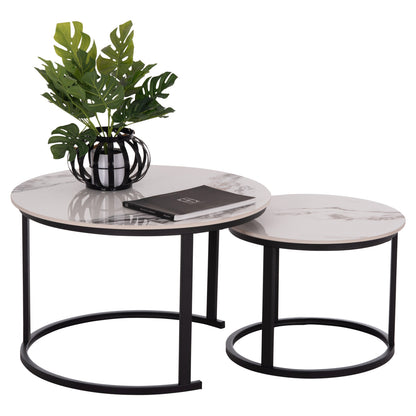 COFFEE TABLES 2PCS SET TALOS HM18140.03 WHITE MARBLE WITH BROWN "WATERS" LOOK CERAMIC TOP Φ70x45.5Hcm.