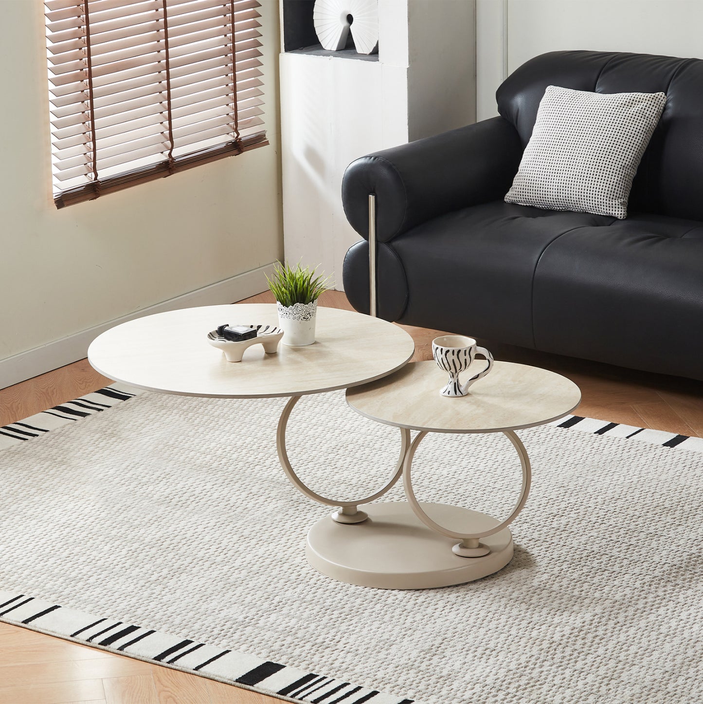 COFFEE TABLE DOUBLE NUBISA HM18364.02 METAL IN BEIGE--SINTERED STONE IN TRAVERTINE COLOR Φ80Χ44Hcm.