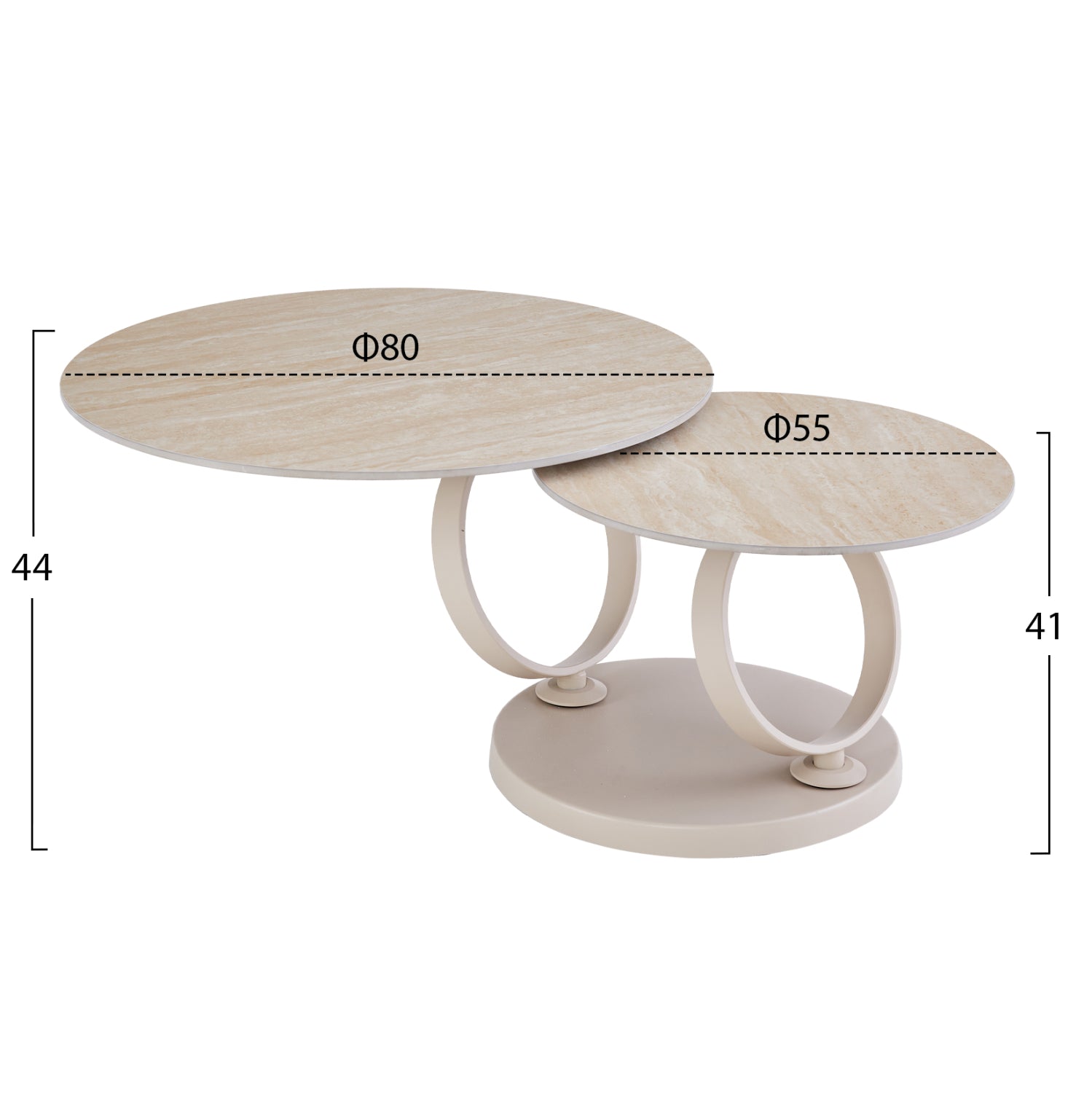 COFFEE TABLE DOUBLE NUBISA HM18364.02 METAL IN BEIGE--SINTERED STONE IN TRAVERTINE COLOR Φ80Χ44Hcm.