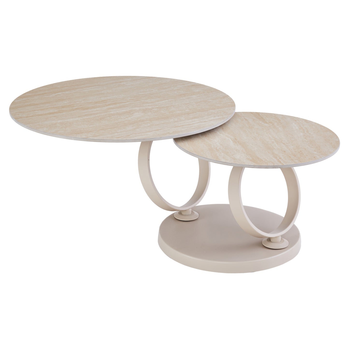 COFFEE TABLE DOUBLE NUBISA HM18364.02 METAL IN BEIGE--SINTERED STONE IN TRAVERTINE COLOR Φ80Χ44Hcm.