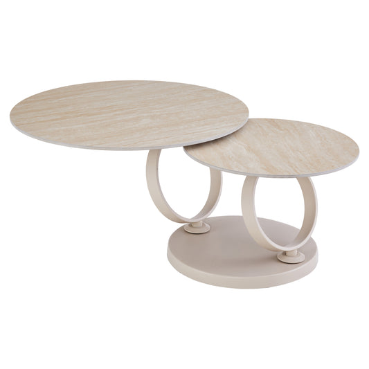 COFFEE TABLE DOUBLE NUBISA HM18364.02 METAL IN BEIGE--SINTERED STONE IN TRAVERTINE COLOR Φ80Χ44Hcm.