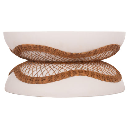 COFFEE TABLE ROUND ANNA HM18157.02 FIBER CEMENT IN WHITE-NATURAL RATTAN--Φ92x44.5Hcm.