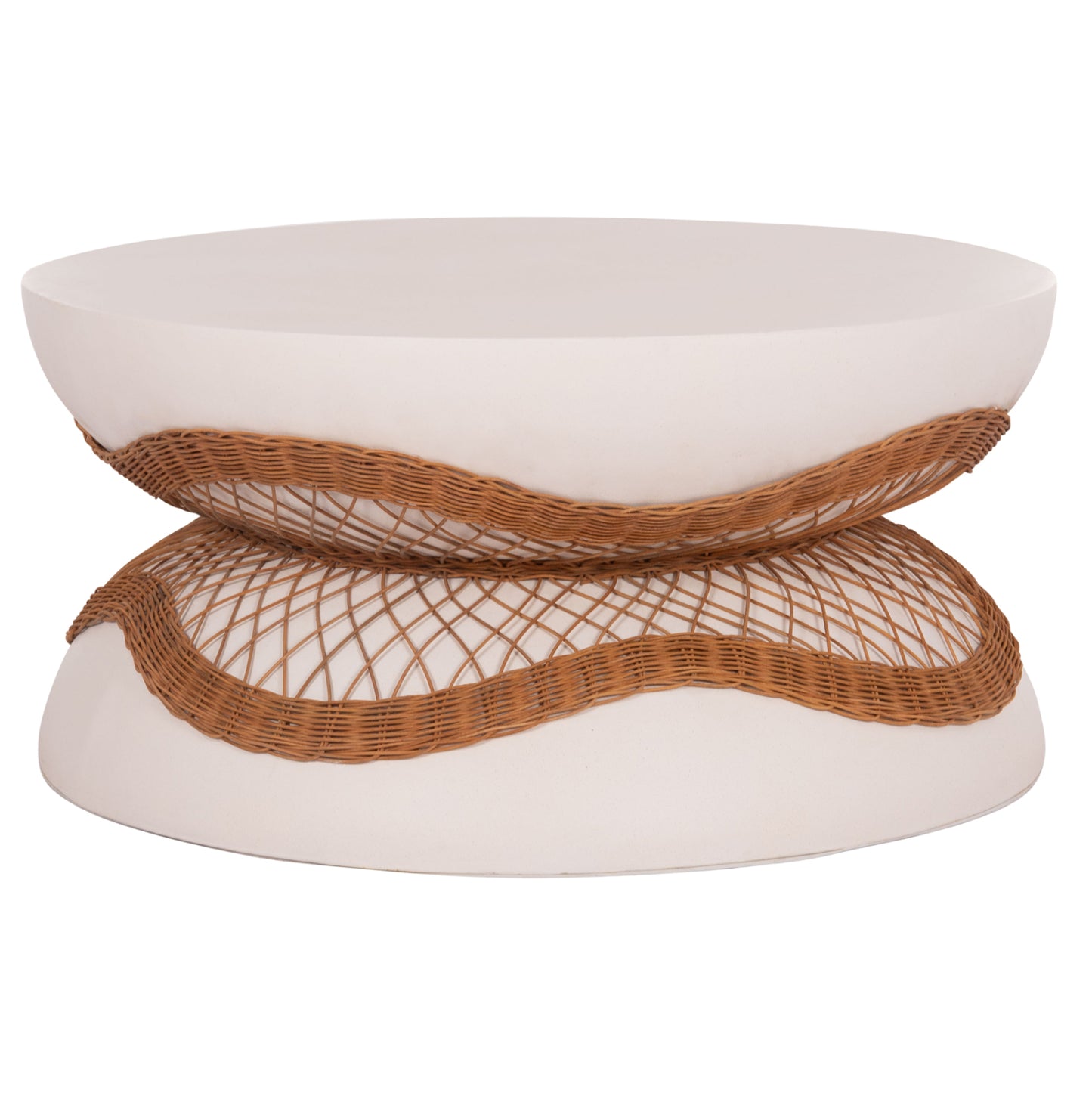 COFFEE TABLE ROUND ANNA HM18157.02 FIBER CEMENT IN WHITE-NATURAL RATTAN--Φ92x44.5Hcm.