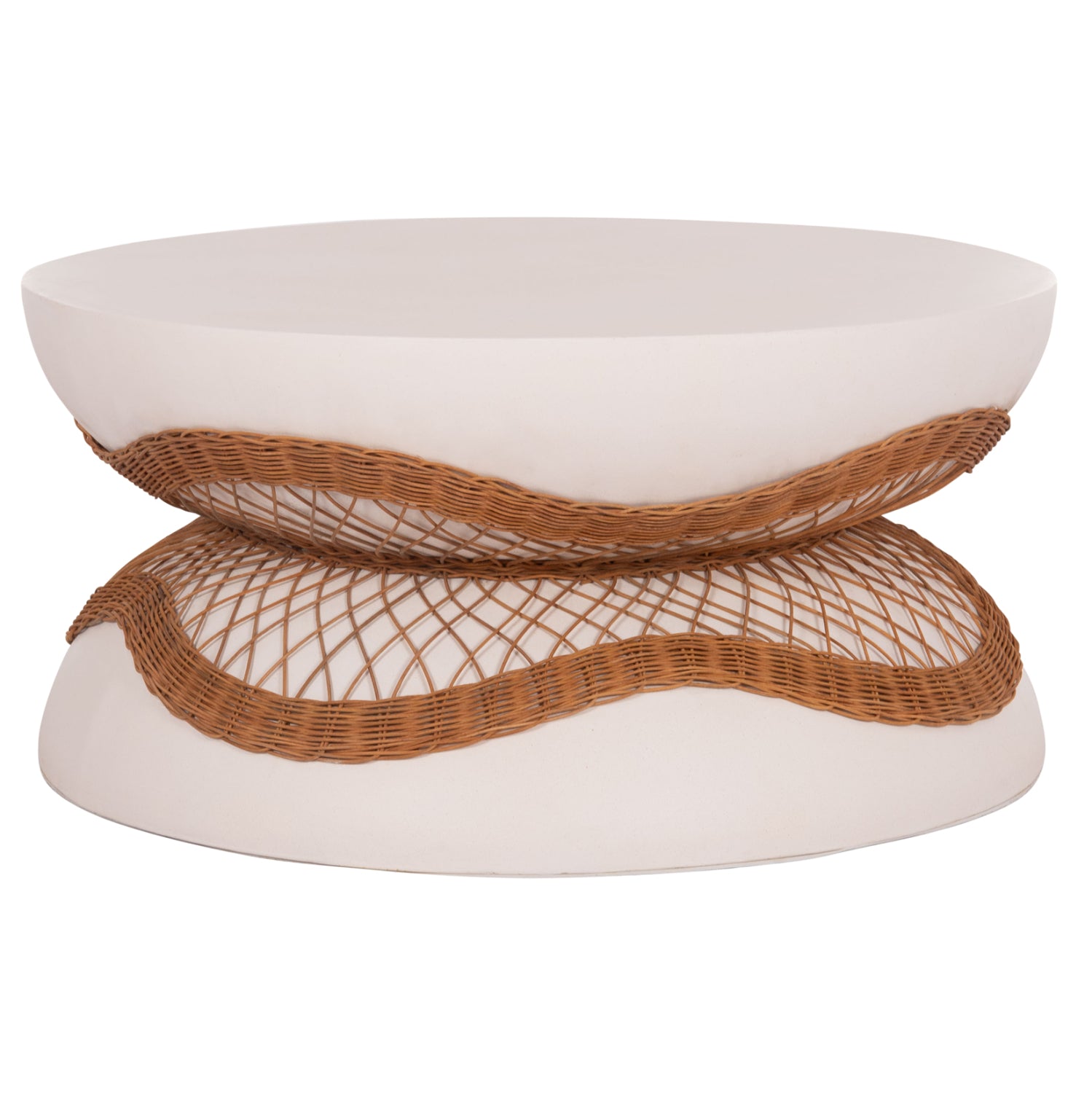 COFFEE TABLE ROUND ANNA HM18157.02 FIBER CEMENT IN WHITE-NATURAL RATTAN--Φ92x44.5Hcm.