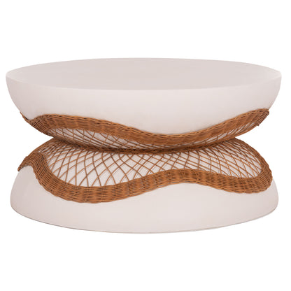 COFFEE TABLE ROUND ANNA HM18157.02 FIBER CEMENT IN WHITE-NATURAL RATTAN--Φ92x44.5Hcm.